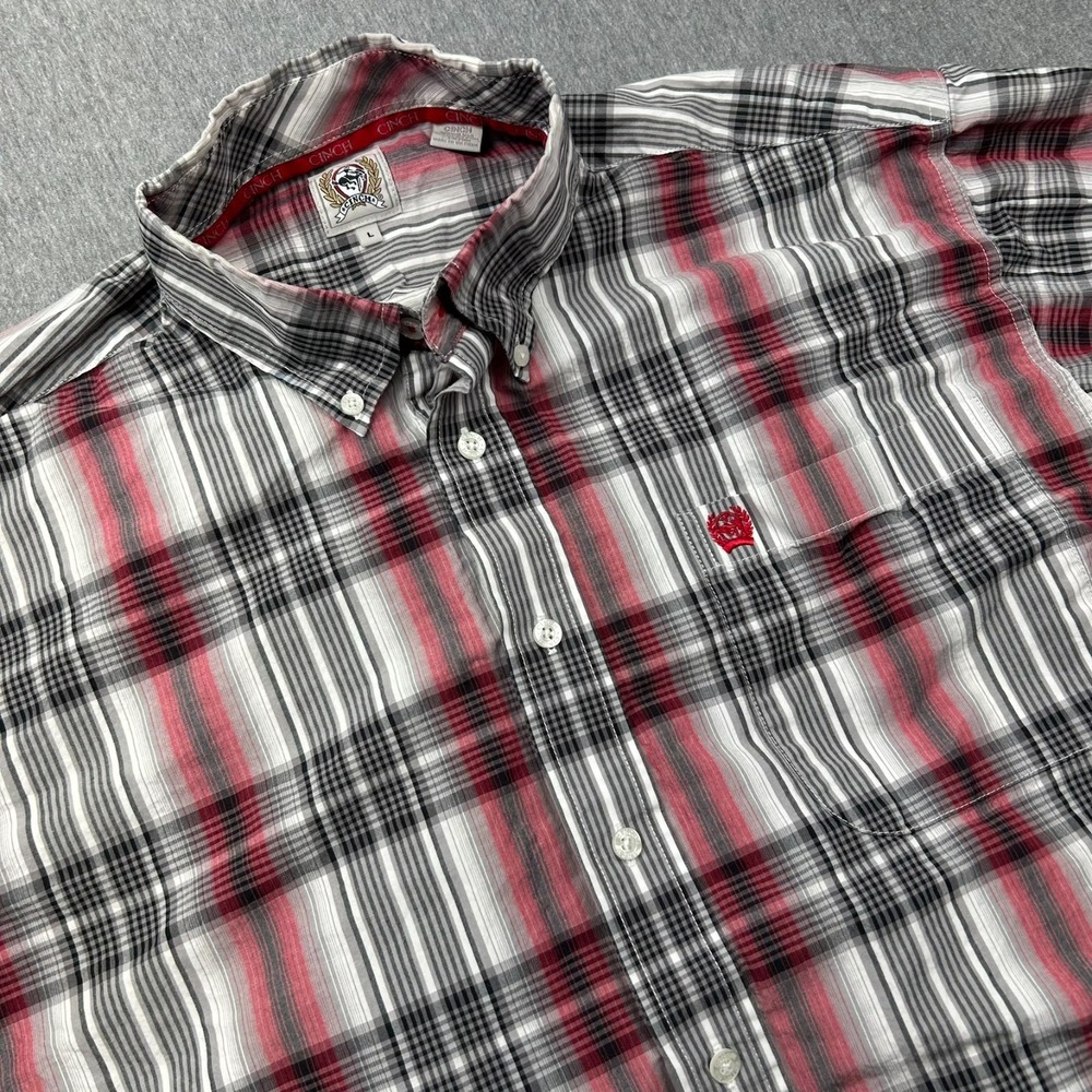 Cinch Button‎ Down Shirt Mens Large Red Black Gray Plaid Cowboy